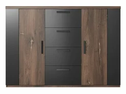 Meublorama Dormitorio Completo|Conjunto completo de dormitorio FOX – Cama con canapé 180x200, somier incluido, Armario, Cómoda, Mesitas de noche – Roble oscuro