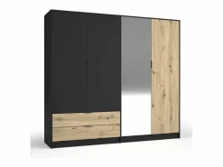 Meublorama Conjunto completo de dormitorio MELODY – Cama con almacenaje 180x200 + armario + cómoda + mesitas de noche – Grafito negro y roble claro – Colchón no incluido Marru00f3n