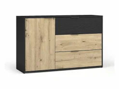 Meublorama Conjunto completo de dormitorio MELODY – Cama con almacenaje 180x200 + armario + cómoda + mesitas de noche – Grafito negro y roble claro – Colchón no incluido Marru00f3n