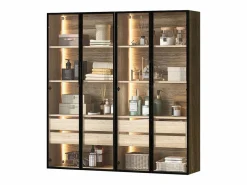 Merax Mueble De Pared Para Baño|Conjunto de 2 Muebles de Baño con LEDs - 148 x 36 x 155 cm - 4 cajones grandes y 4 puertas de cristal - Madera MDF - natural