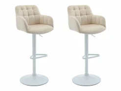 Vente-unique Muebles De Bar|Taburete Alto|Conjunto de 2 taburetes de bar de terciopelo y metal blanco - Altura ajustable - Crema - PEGA
