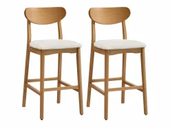 Vente-unique Conjunto de 2 taburetes en tela texturizada y madera de hevea natural - - LERANIA Crema