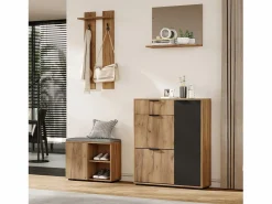 Merax Conjunto de armario de entrada - 140 x 35 x 139 cm - con banco y zapatero + 1 espejo + estante de pared - aglomerado - natural + negro Color natural claro