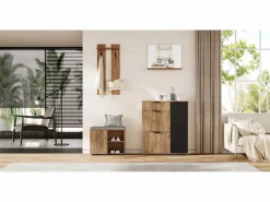 Merax Conjunto de armario de entrada - 140 x 35 x 139 cm - con banco y zapatero + 1 espejo + estante de pared - aglomerado - natural + negro Color natural claro
