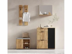 Merax Conjunto de armario de entrada - 140 x 35 x 139 cm - con banco y zapatero + 1 espejo + estante de pared - aglomerado - natural + negro Color natural claro