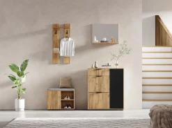 Merax Conjunto de armario de entrada - 140 x 35 x 139 cm - con banco y zapatero + 1 espejo + estante de pared - aglomerado - natural + negro Color natural claro