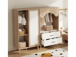 Conjunto de armario infantil - 80(160) x 46 x 141,5 cm - con puertas correderas + 2 cajones - MDF - natural^Merax New
