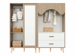 Conjunto de armario infantil - 80(160) x 46 x 141,5 cm - con puertas correderas + 2 cajones - MDF - natural^Merax New
