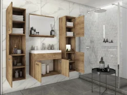 Conjunto De Baño|Conjunto de baño colgante con lavabo, espejo y 2 columnas, castaño mate