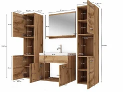 Conjunto De Baño|Conjunto de baño colgante con lavabo, espejo y 2 columnas, castaño mate