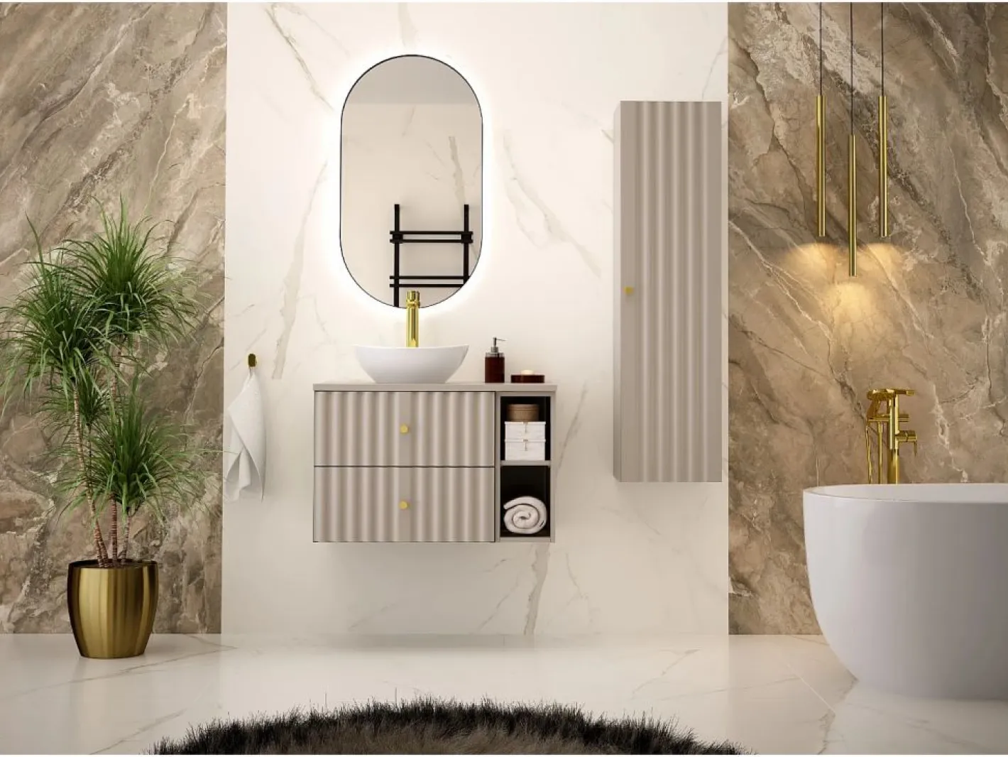 Mueble De Lavabo|Conjunto de baño de cachemira 80 cm Armario con encimera y estantería Frentes ranurados Aqua