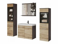 Conjunto De Baño|Conjunto de baño, muebles suspendidos con lavabo, 2 columnas y espejo con estantes, matera / castaño de Breslau mate