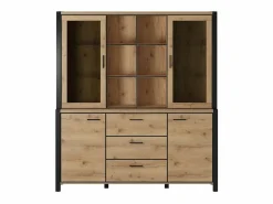 Meublorama Conjunto de bufé y alacena con iluminación LED colección TIVORA. Mueble de 4 puertas, 3 cajones. Color roble y negro. Marru00f3n Online