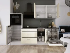 Conjunto de cocina: Blanco Mate, Brillo, dimensiones: largo: 250 cm, alto: 220 cm, fondo: 60 cm Crema Clearance