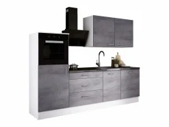 Cocina Completa|Conjunto de cocina: Blanco Mate, Hormigón, dimensiones: ancho: 250 cm, alto: 220 cm, fondo: 60 cm
