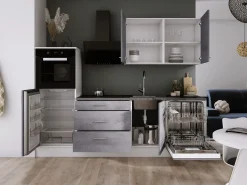Cocina Completa|Conjunto de cocina: Blanco Mate, Hormigón, dimensiones: ancho: 250 cm, alto: 220 cm, fondo: 60 cm