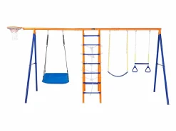 Conjunto de columpios 6 en 1 SucceBuy 200 kg Metal 2 columpios Escalera Red Baloncesto para el jardín Diseño estable Asiento UV Manijas seguras Outlet