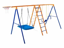 Conjunto de columpios 6 en 1 SucceBuy 200 kg Metal 2 columpios Escalera Red Baloncesto para el jardín Diseño estable Asiento UV Manijas seguras Outlet