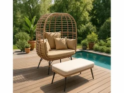 Concept-Usine Conjunto de exterior Jane - Sillón colgante de efecto ratán y reposapiés de gran tamaño con cojín Beige Sale
