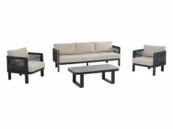 Conjunto de jardín de aluminio y cuerda: un sofá de 3 plazas, 2 sillones y 1 mesa de centro - con cojines beige - HELYSI de^MYLIA New