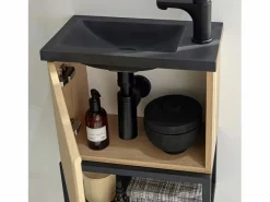 Conjunto de lavabo NOVA de metal y madera con grifería negra y estante de espejo Negro Sale