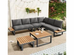 Merax Conjunto de muebles de jardín - 252 x 195 x 76 cm - con sofá reclinable + 2 mesas de centro - Poliéster + metal - negro + Gris Online