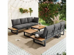 Merax Conjunto de muebles de jardín - 252 x 195 x 76 cm - con sofá reclinable + 2 mesas de centro - Poliéster + metal - negro + Gris Online