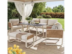 Merax Salones De Jardín|Conjunto de muebles de jardín para 6 a 7 personas - con 1 mesa + 1 sofá con cojines + 2 sillones + 1 banco - metal -