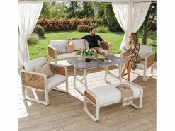 Merax Salones De Jardín|Conjunto de muebles de jardín para 6 a 7 personas - con 1 mesa + 1 sofá con cojines + 2 sillones + 1 banco - metal -