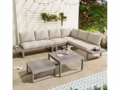 Conjunto de muebles de jardín - 252 x 195 x 76 cm - con sofá reclinable + 2 mesas de centro - Poliéster + metal -^Merax Discount