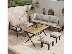 Conjunto de muebles de jardín modulares de 4 piezas en acero galvanizado: sofá esquinero, 2 taburetes y mesa de centro en beige^Merax New