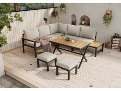 Conjunto de muebles de jardín modulares de 4 piezas en acero galvanizado: sofá esquinero, 2 taburetes y mesa de centro en beige^Merax New