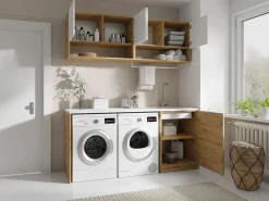 Vente-unique Mueble Para Lavadora|Conjunto de muebles para lavadora, L182 cm, blanco y natural claro, NATAJI