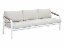 MYLIA Conjunto de salón de jardín en aluminio y cuerda: sofá de 3 plazas, 2 sillones y una mesa de centro - Blanco con cojines beige - LUREYA de Beige / Blanco Outlet