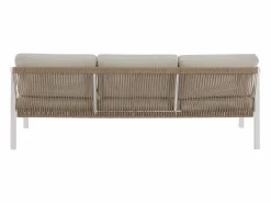MYLIA Conjunto de salón de jardín en aluminio y cuerda: sofá de 3 plazas, 2 sillones y una mesa de centro - Blanco con cojines beige - LUREYA de Beige / Blanco Outlet