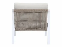 MYLIA Conjunto de salón de jardín en aluminio y cuerda: sofá de 3 plazas, 2 sillones y una mesa de centro - Blanco con cojines beige - LUREYA de Beige / Blanco Outlet