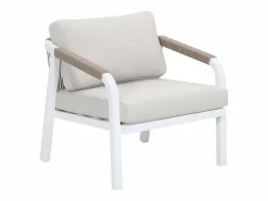 MYLIA Conjunto de salón de jardín en aluminio y cuerda: sofá de 3 plazas, 2 sillones y una mesa de centro - Blanco con cojines beige - LUREYA de Beige / Blanco Outlet