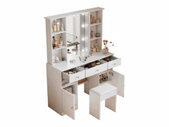 Merax Tocador|Conjunto de tocador - 110 x 40 x 151 cm - Tocador con luces LED + espejo + taburete + 3 cajones + 2 puertas - Aglomerado -