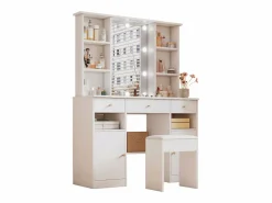 Merax Tocador|Conjunto de tocador - 110 x 40 x 151 cm - Tocador con luces LED + espejo + taburete + 3 cajones + 2 puertas - Aglomerado -