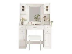 Merax Tocador|Conjunto de tocador - 105 x 40 x 152 cm - Tocador con LED Lámparas + Espejo + Taburete + 6 Cajones + 4 Puertas - MDF -