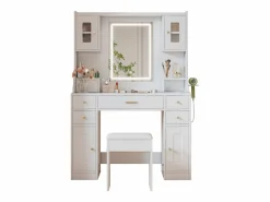 Merax Tocador|Conjunto de tocador - 105 x 40 x 152 cm - Tocador con LED Lámparas + Espejo + Taburete + 6 Cajones + 4 Puertas - MDF -