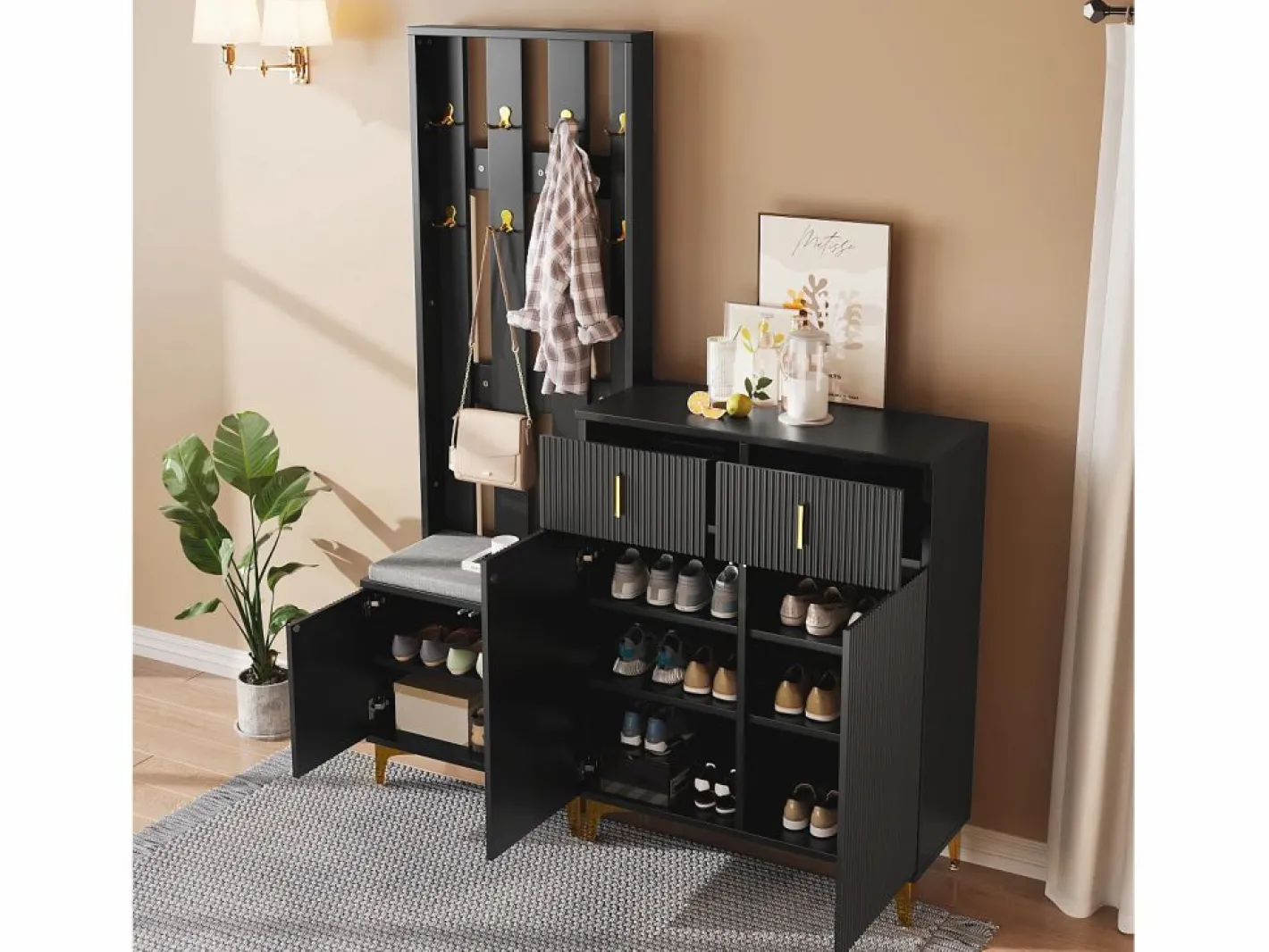Conjunto de vestidor con banco zapatero y cojín, panel perchero con ganchos, mueble zapatero con cajones y puertas (60,5x180,5x35,2 cm) Negro Discount