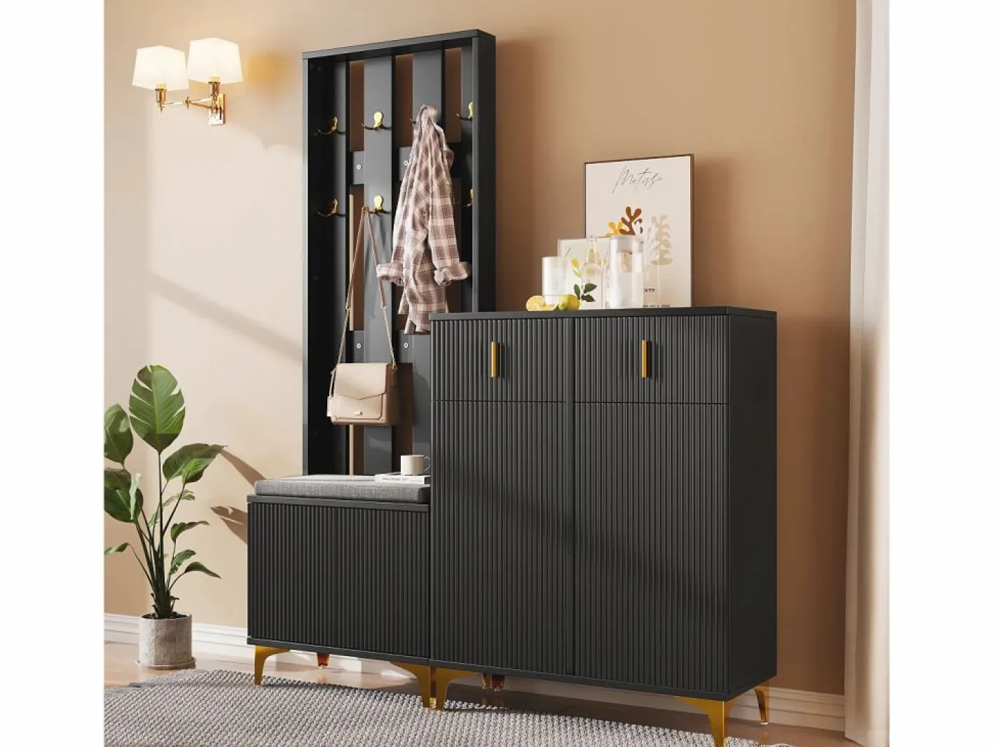 Conjunto de vestidor con banco zapatero y cojín, panel perchero con ganchos, mueble zapatero con cajones y puertas (60,5x180,5x35,2 cm) Negro Discount