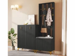Conjunto de vestidor con banco zapatero y cojín, panel perchero con ganchos, mueble zapatero con cajones y puertas (60,5x180,5x35,2 cm) Negro Discount