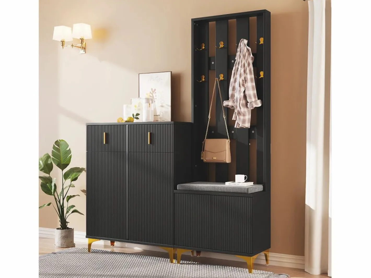 Conjunto de vestidor con banco zapatero y cojín, panel perchero con ganchos, mueble zapatero con cajones y puertas (60,5x180,5x35,2 cm) Negro Discount