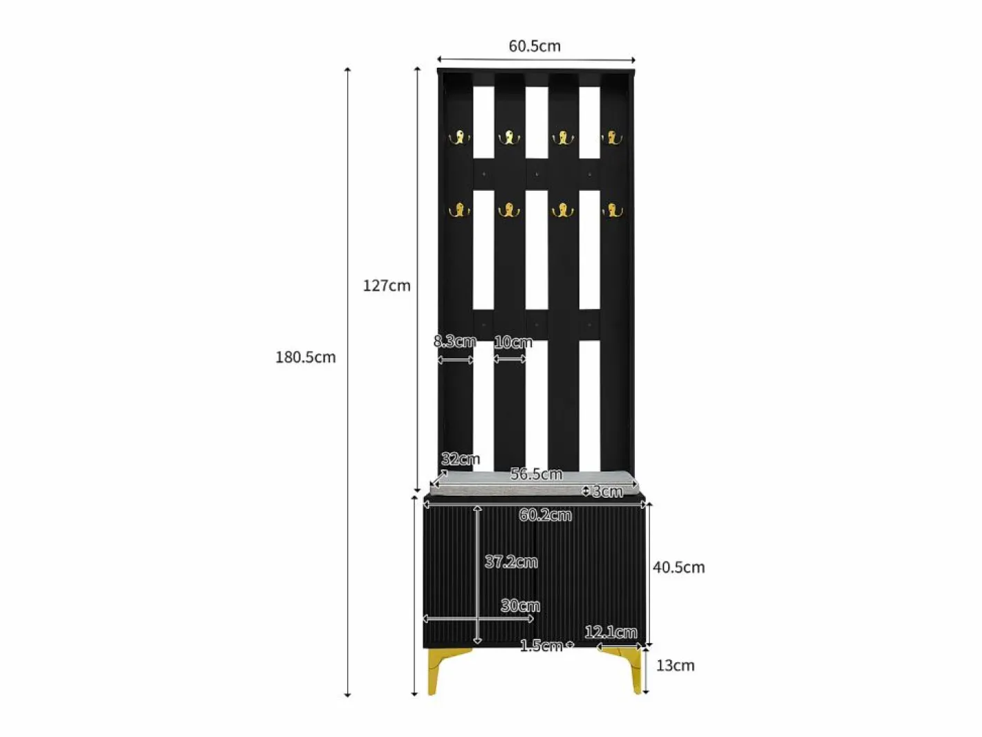 Conjunto de vestidor con banco zapatero y cojín, panel perchero con ganchos, mueble zapatero con cajones y puertas (60,5x180,5x35,2 cm) Negro Discount