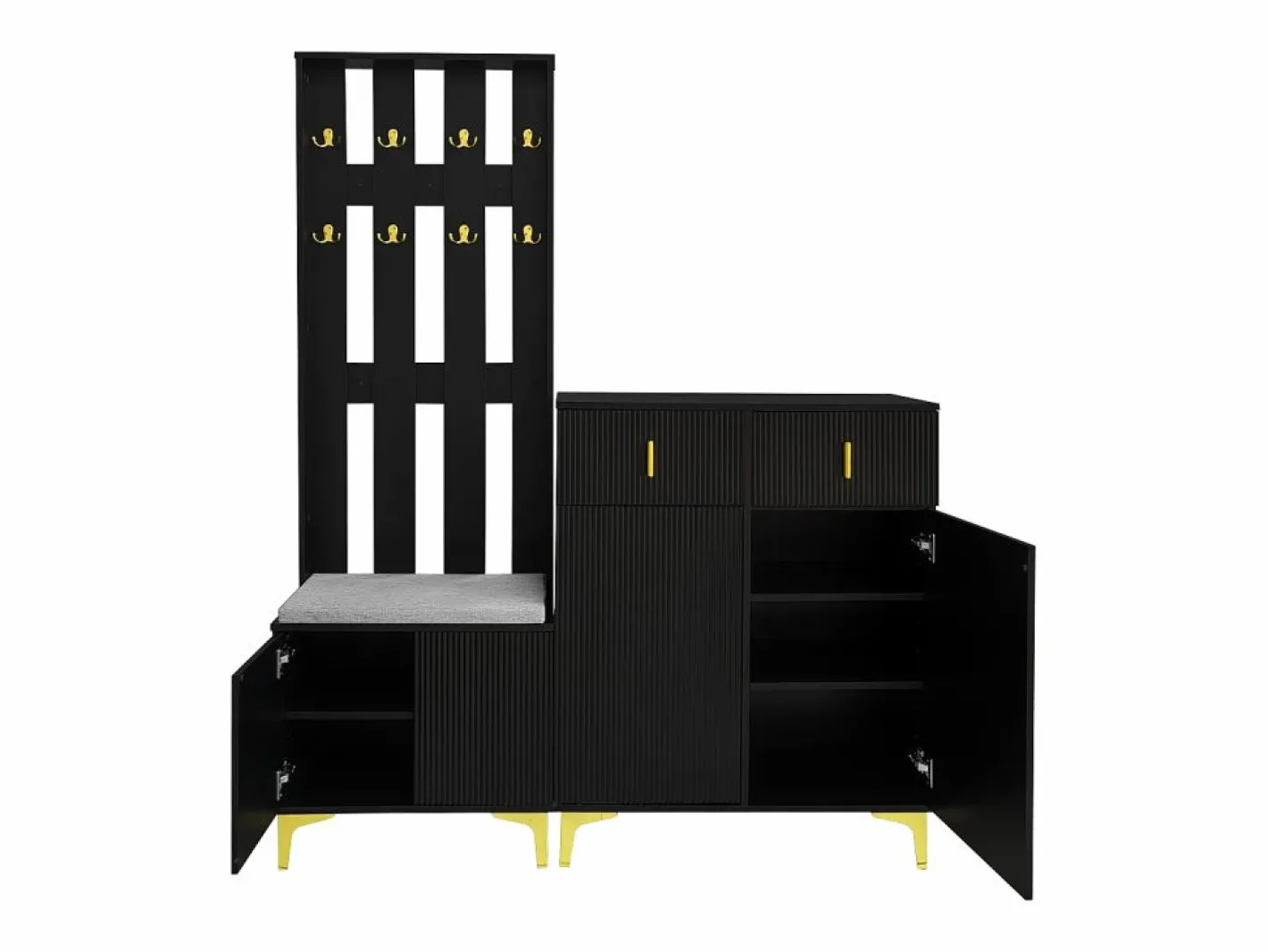 Conjunto de vestidor con banco zapatero y cojín, panel perchero con ganchos, mueble zapatero con cajones y puertas (60,5x180,5x35,2 cm) Negro Discount