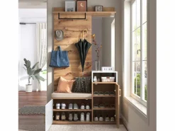 Conjunto de vestidor con espejo, banco y zapatero, diseño escandinavo, MDF y tablero de partículas, (105x40x190,5 cm) Blanco Online