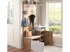 Conjunto de vestidor con espejo, banco y zapatero, diseño escandinavo, MDF y tablero de partículas, (105x40x190,5 cm) Blanco Online