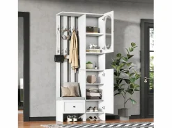 ModernLuxe Armario De Entrada|Conjunto de vestidor de entrada 85×33,5×200 cm - 2 puertas y 1 cajón - con banco para zapatos y cojín - 6 ganchos -